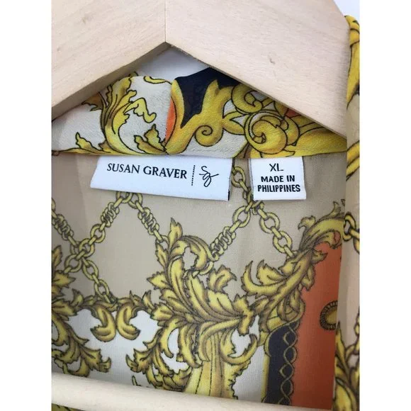 Susan Graver Sleeveless Cardigan Sheer Chain Print Beige Navy Orange XL - Picture 4 of 5